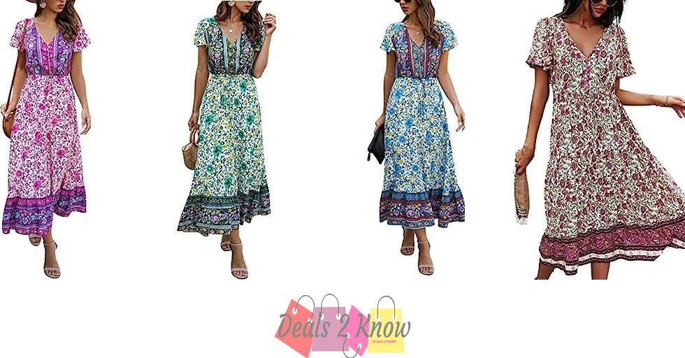 Amazon: Women's Dresses Summer Bohemian Casual Short Sleeve Floral ...